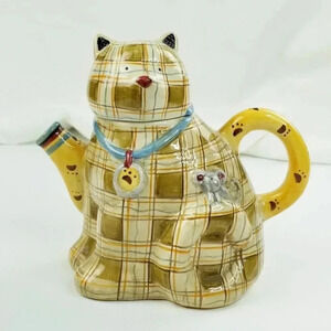 Sakura China by Debbie Mumm Plaid Kitty Cat Ceramic Teapot Hand Painted